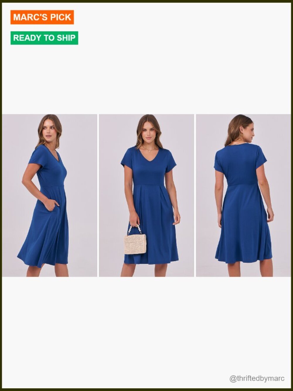 Women's A-Line Midi Dress with Pockets, V-Neck Short Sleeve Casual Summer Dress - Picture 7 of 7